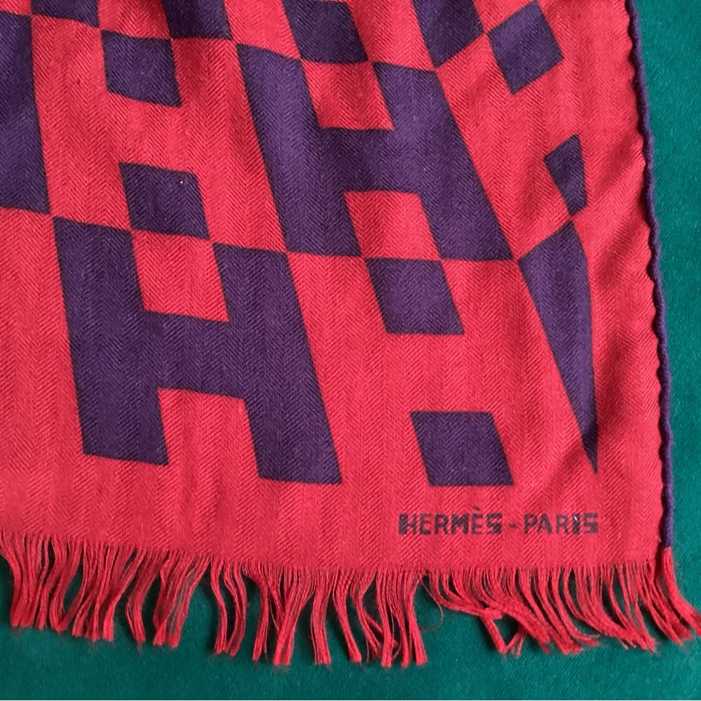 Hermes Tatersale Red and Navy cashmere and silk rectangle Scarf. 70” x 25”